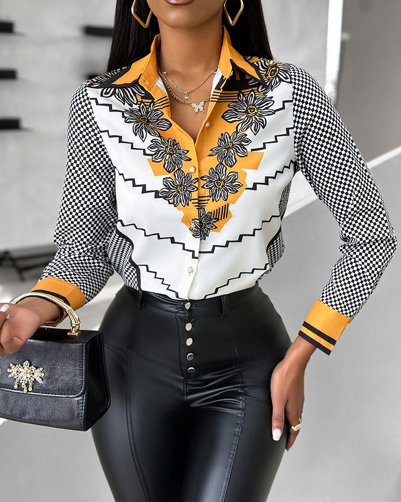 Colorblock Sunflower Geometric Print Buttoned Top