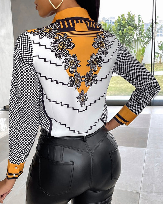 Colorblock Sunflower Geometric Print Buttoned Top