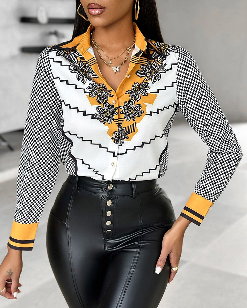 Colorblock Sunflower Geometric Print Buttoned Top