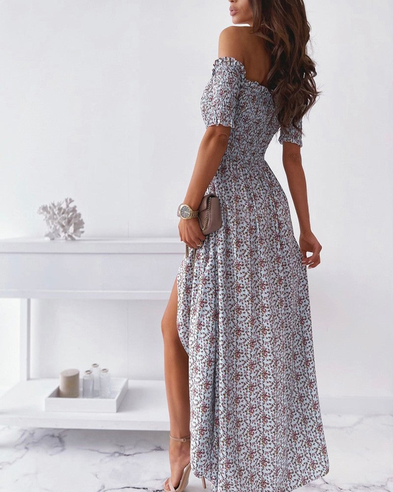 Floral Print Half Sleeve Shirred Loose Slit Dress