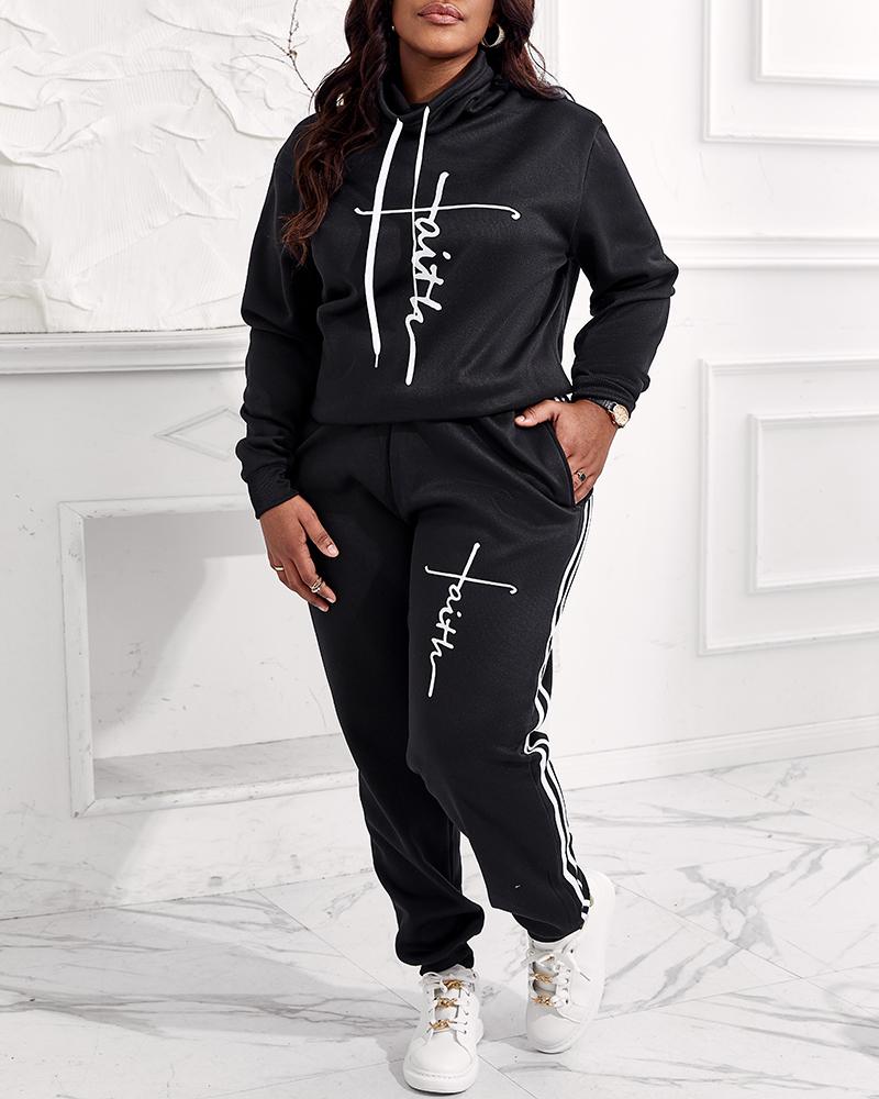 Plus Size Letter Print Long Sleeve Hoodie & Pants Set