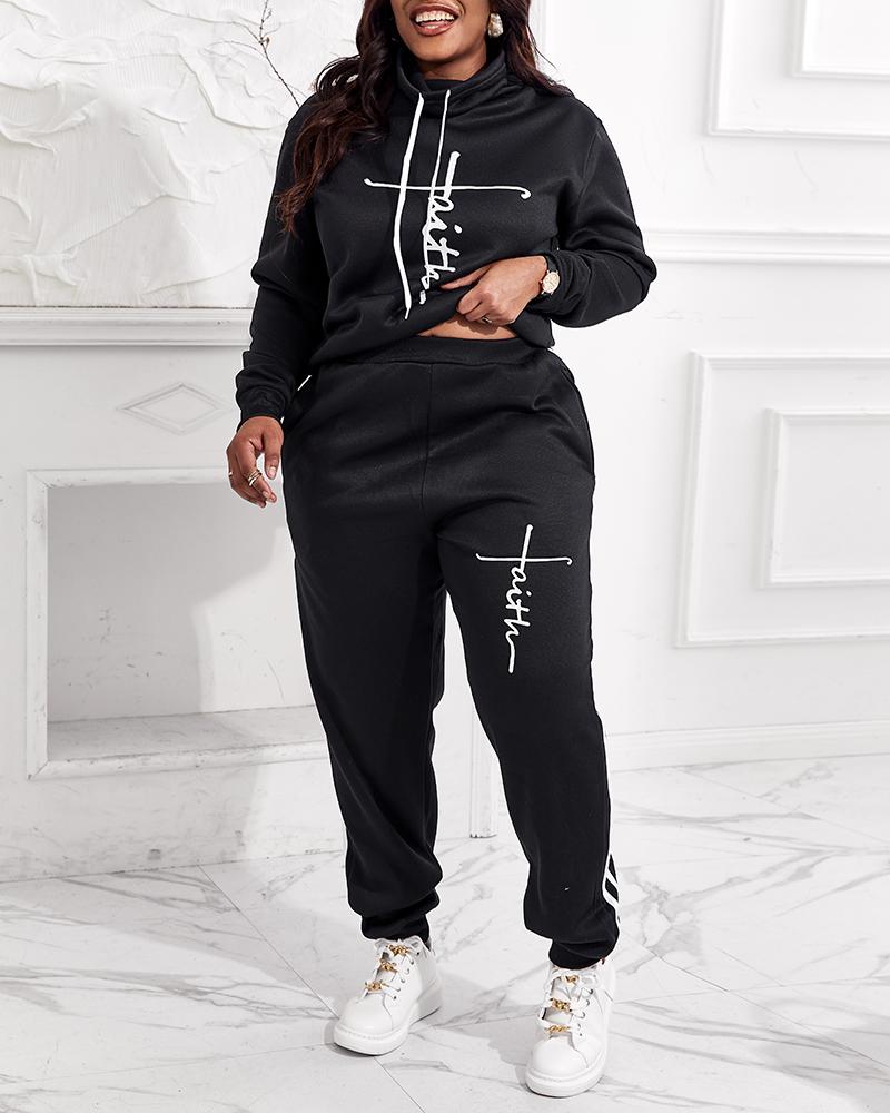 Plus Size Letter Print Long Sleeve Hoodie & Pants Set