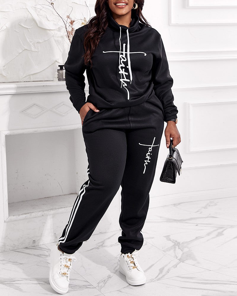 Plus Size Letter Print Long Sleeve Hoodie & Pants Set