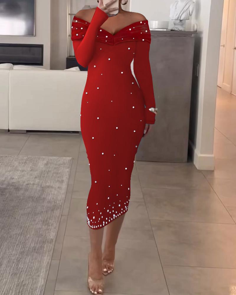 Off Shoulder Long Sleeve Beaded Midi Dress