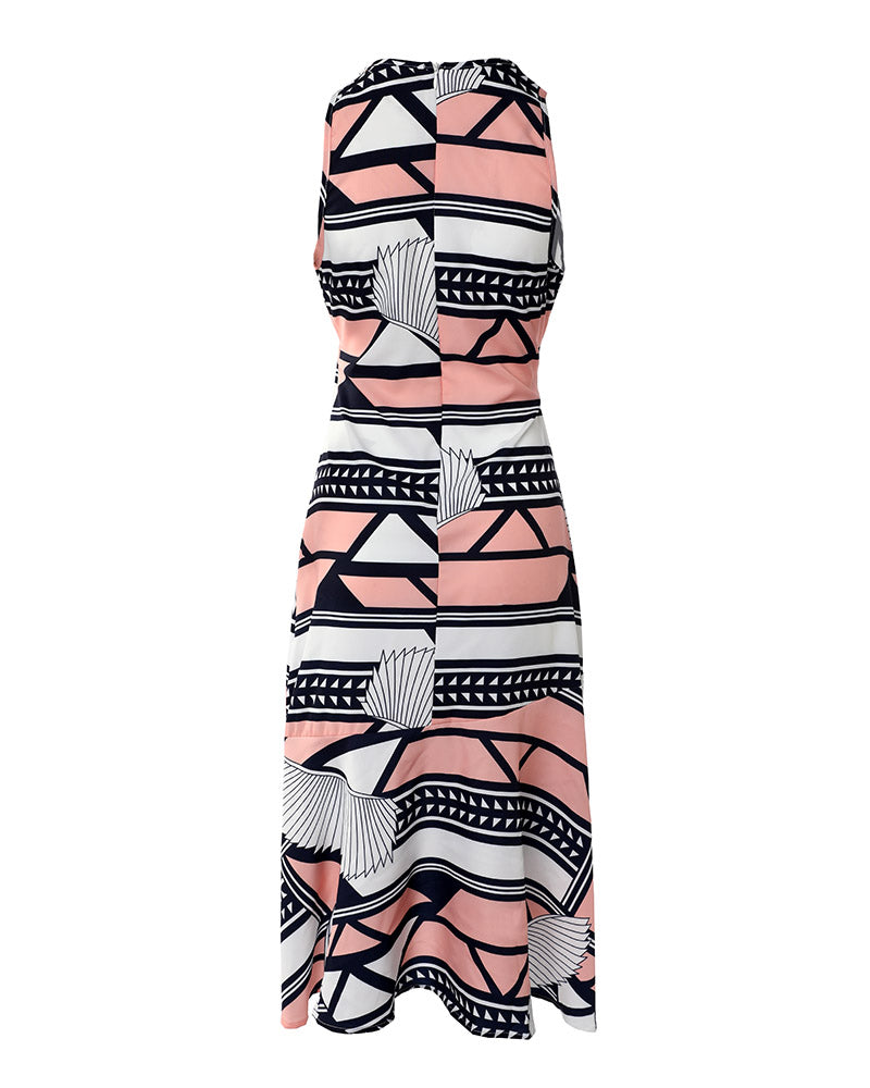 Geometric Print Ruffle Hem Belted Midi Dress