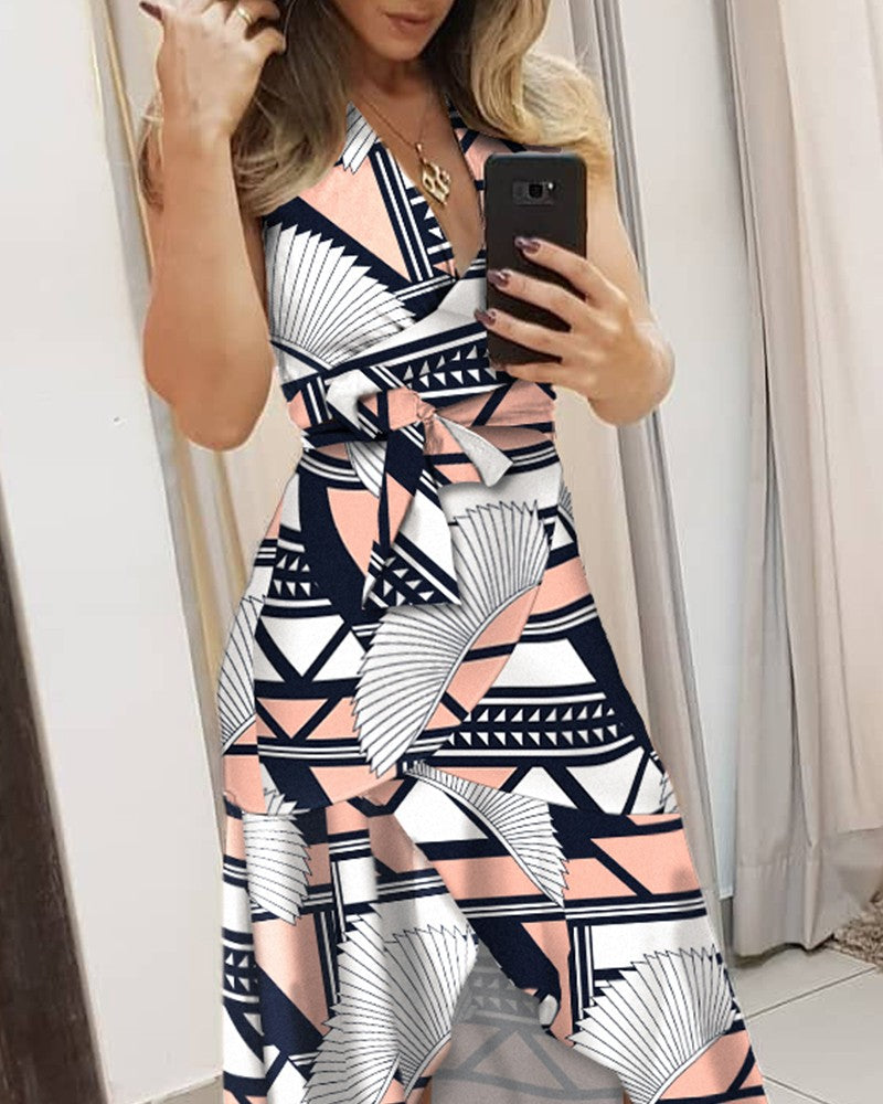 Geometric Print Ruffle Hem Belted Midi Dress