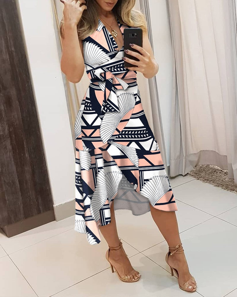 Geometric Print Ruffle Hem Belted Midi Dress