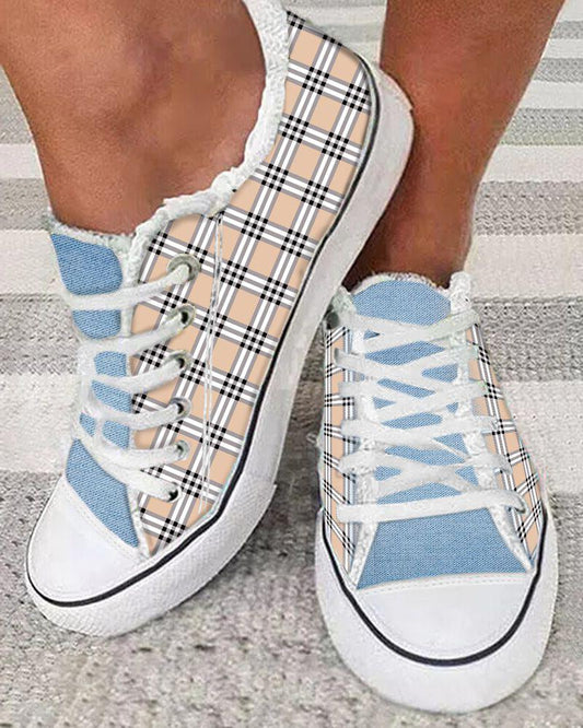 Plaid Print Colorblock Raw Hem Canvas Sneakers