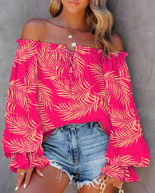 Leaf Print Off Shoulder Lantern Sleeve Top