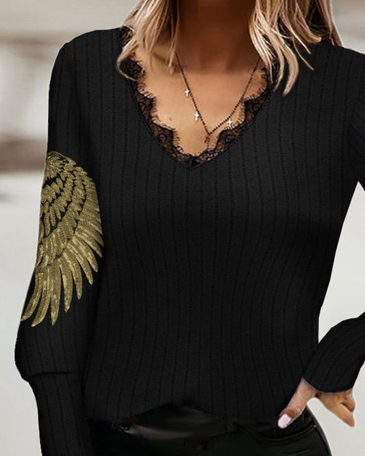 Angel Wings Pattern Contrast Sequin Eyelash Lace Top