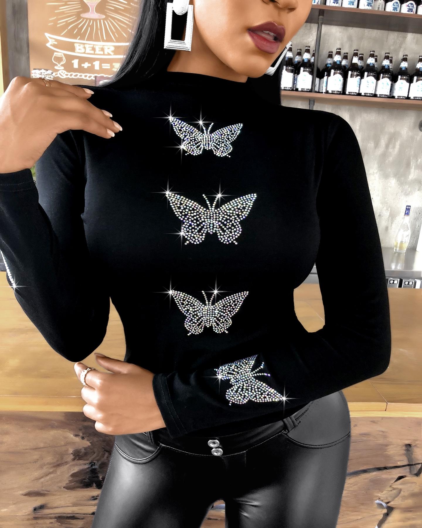 Rhinestone Butterfly Pattern Long Sleeve Top