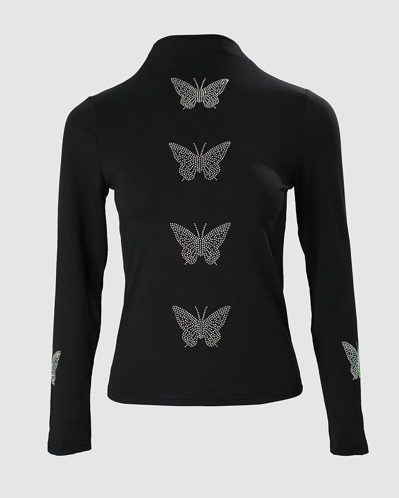 Rhinestone Butterfly Pattern Long Sleeve Top