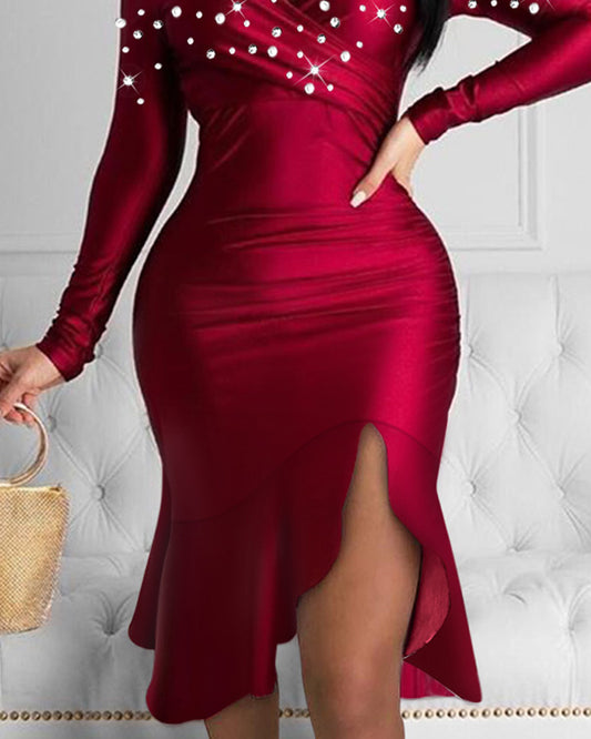 Rhinestone Off Shoulder Ruffles Slit Evening Dress