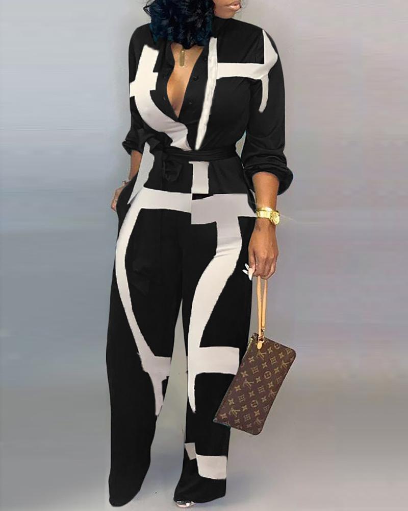 Abstract Print Pocket Decor Long Sleeve Jumpsuit With Belt