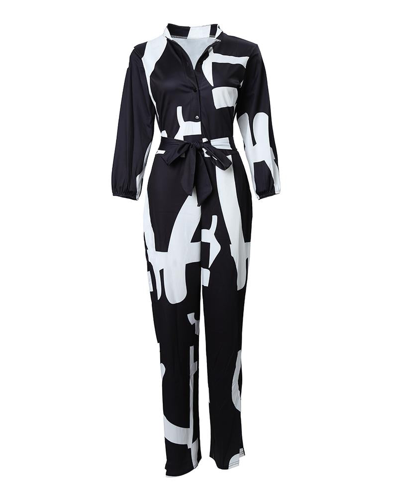 Abstract Print Pocket Decor Long Sleeve Jumpsuit With Belt