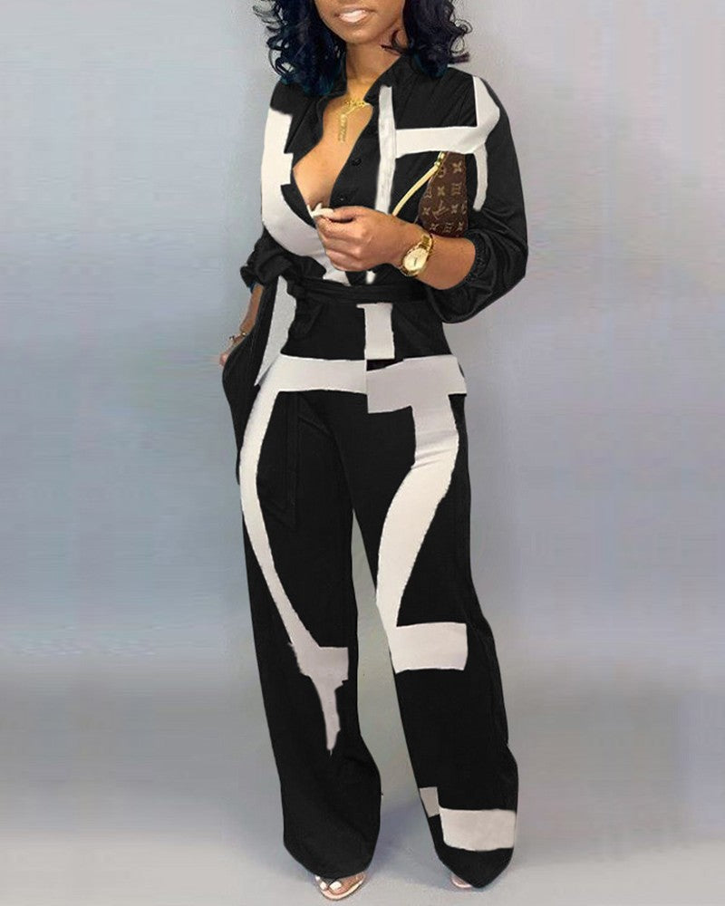 Abstract Print Pocket Decor Long Sleeve Jumpsuit With Belt