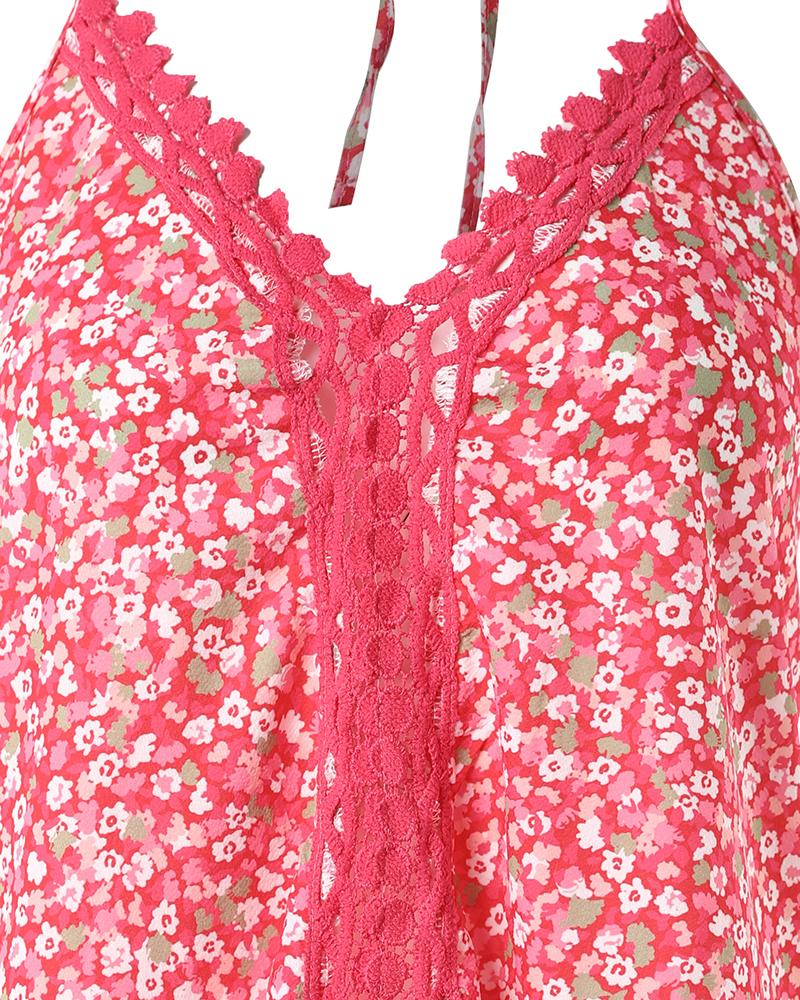 Pink Ditsy Floral Print Hollow Out Lace Trim Halter Top