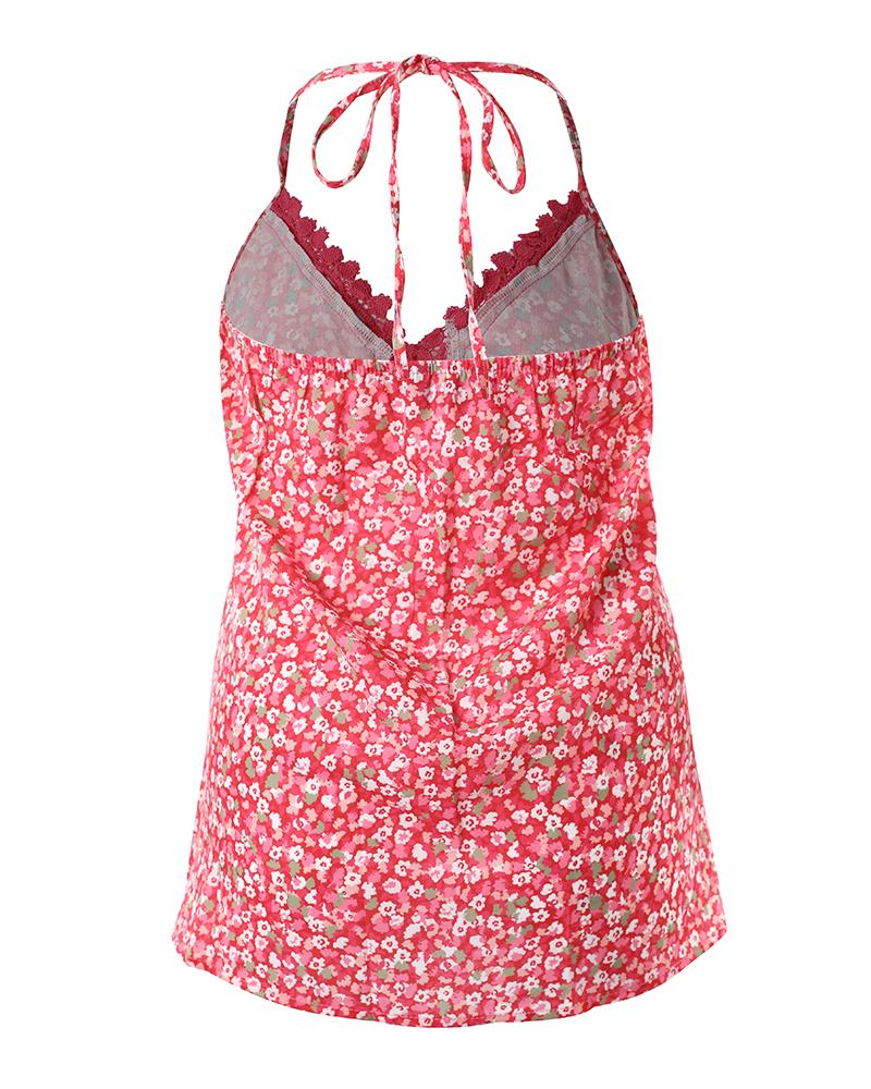 Pink Ditsy Floral Print Hollow Out Lace Trim Halter Top