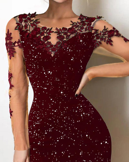 Floral Pattern Glitter Sheer Mesh Bodycon Dress