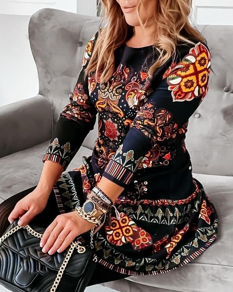 Ruffles Long Sleeve Floral Print Dress