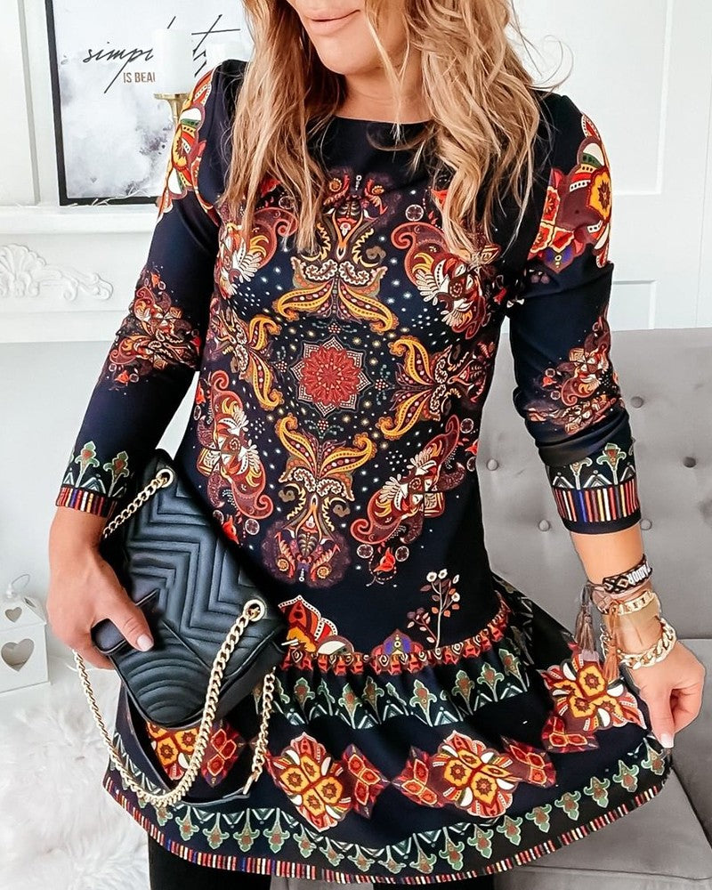 Ruffles Long Sleeve Floral Print Dress