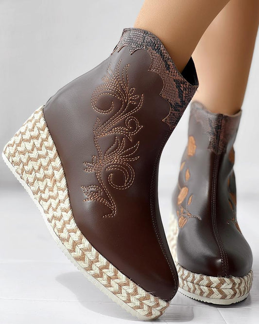 Snakeskin Floral Embroidery Espadrilles Platform Ankle Boots