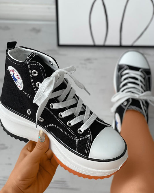 Eyelet Lace up Flatform Canvas Sneaker