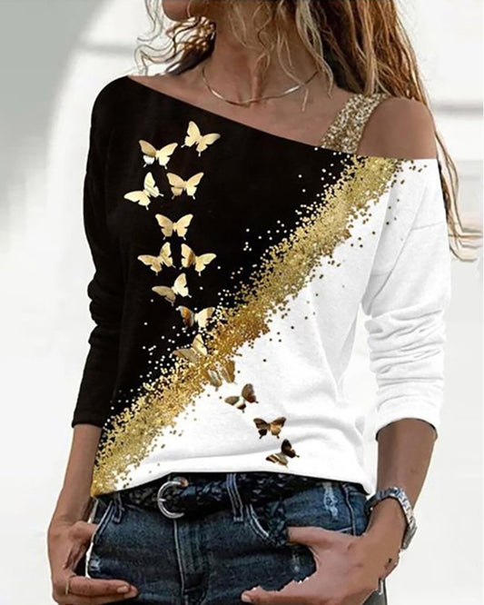 Long Sleeve Butterfly Print Colorblock Top