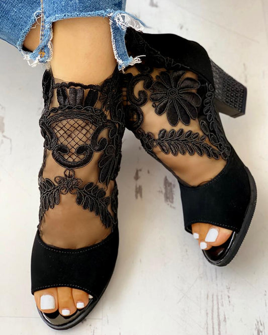 Lace Mesh Insert Chunky Heeled Boots