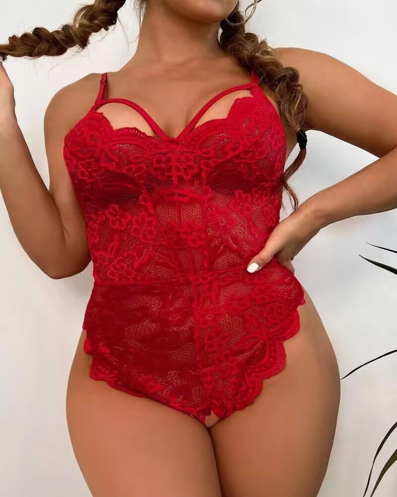 Plus Size Crochet Lace up Crotchless Scallop Trim Teddy