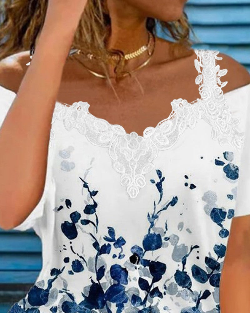 Floral Print Cold Shoulder Lace Patch Top