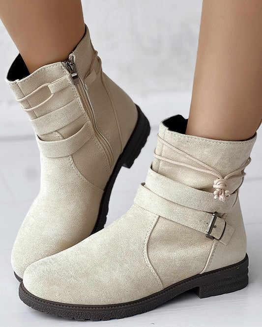 Tied Detail Side Zipper Buckled Ankle Boots