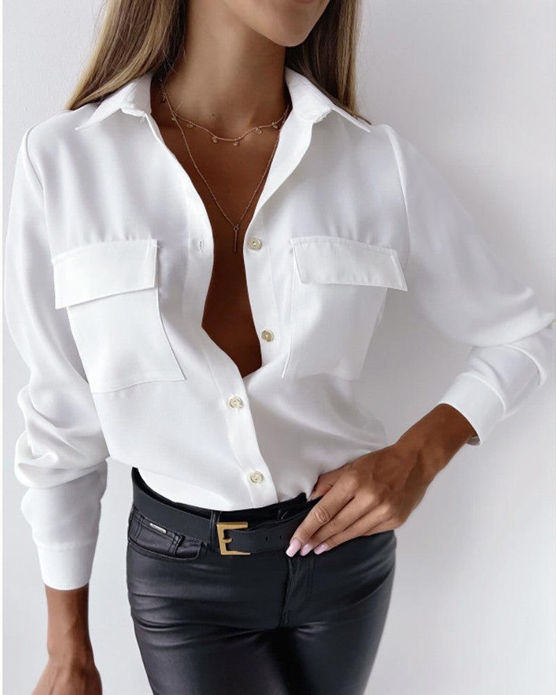 Long Sleeve Buttoned Pocket Design Top