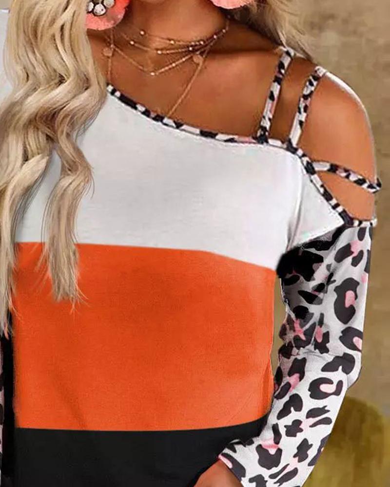 Colorblock Contrast Leopard Cold Shoulder Top