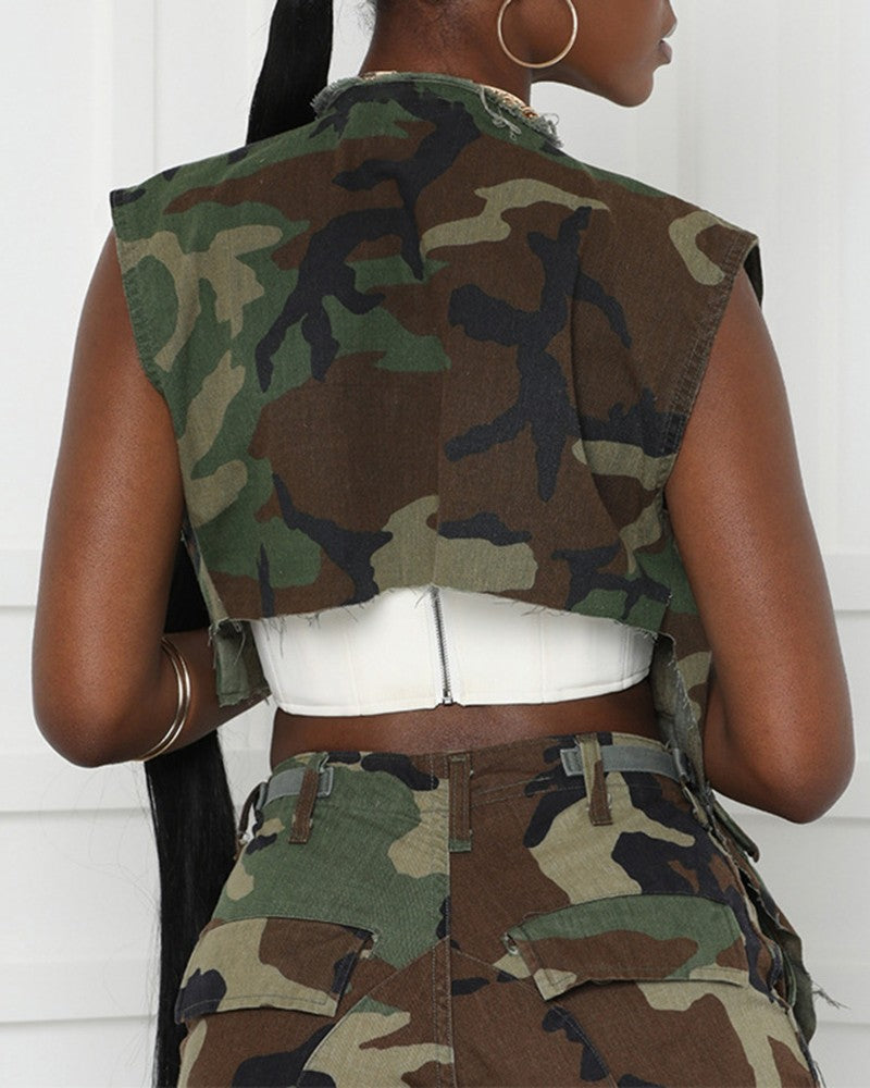 Camouflage Print Pocket Design Asymmetrical Top