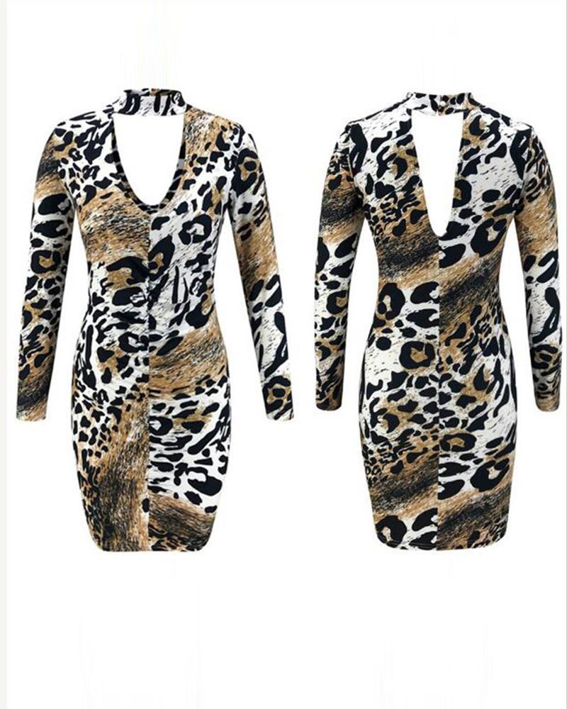 Cutout Leopard Print Ruched Bodycon Dress