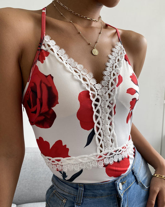 Spaghetti Strap Lace Trim Floral Print Top