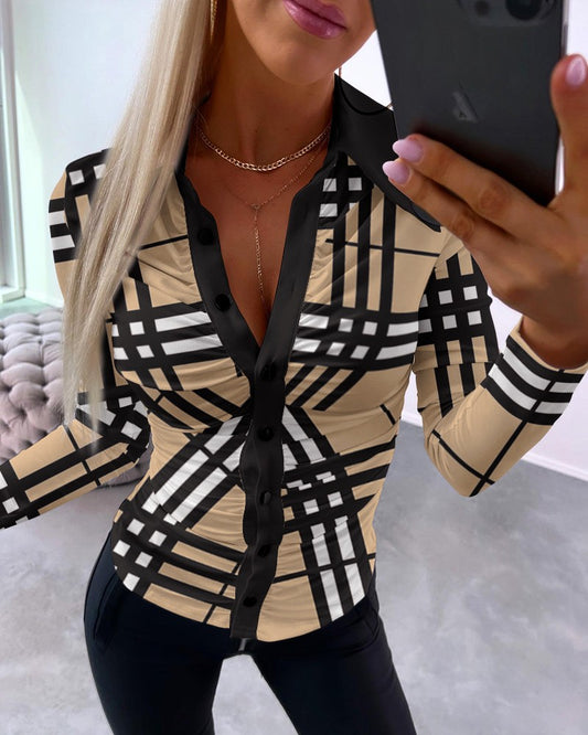 Plaid Print Ruched Buttoned Long Sleeve Top