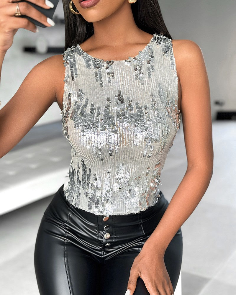 Allover Sequin Round Neck Tank Top