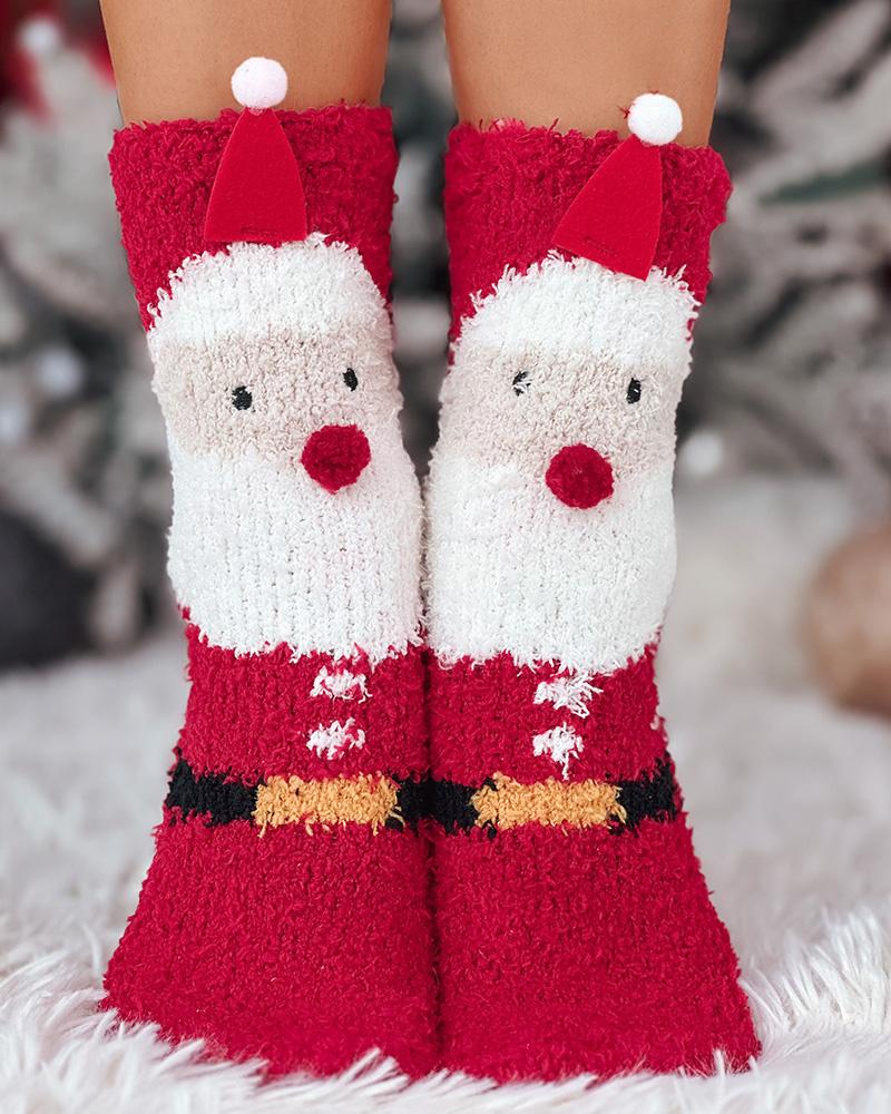 1Pair Christmas Snowflake Elk Snowman Pattern Fuzzy Thermal Socks