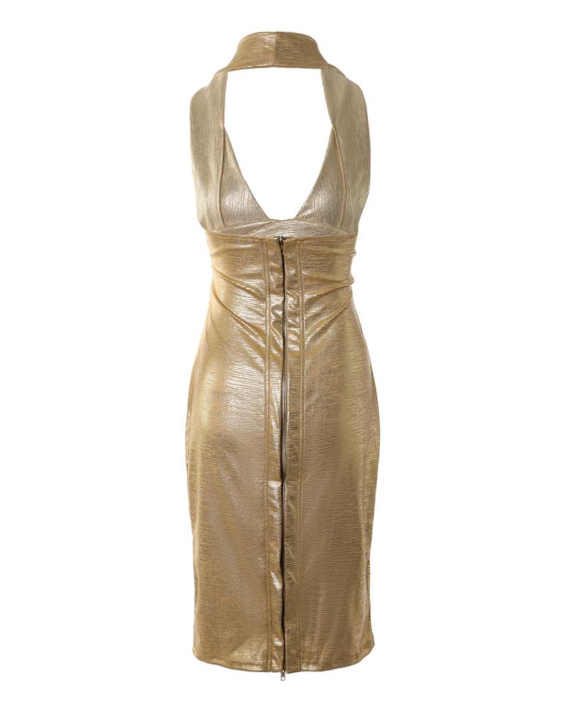 Halter Zipper Design Backless Metallic Party Dress