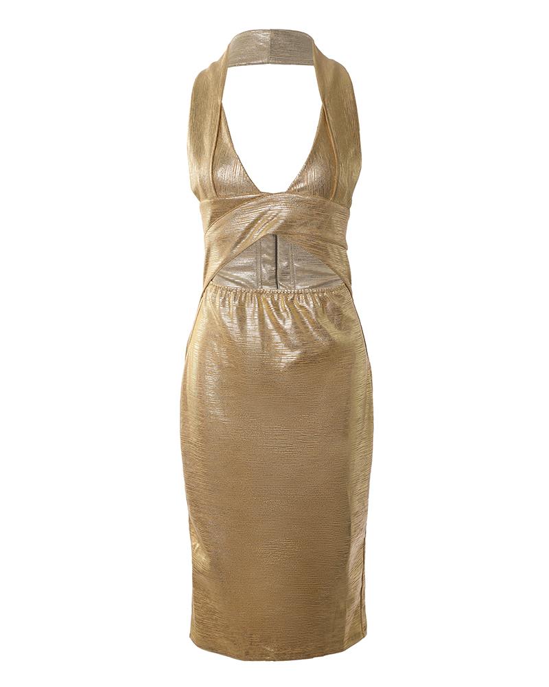 Halter Zipper Design Backless Metallic Party Dress