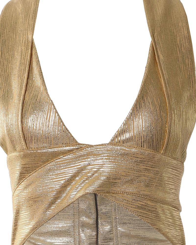 Halter Zipper Design Backless Metallic Party Dress