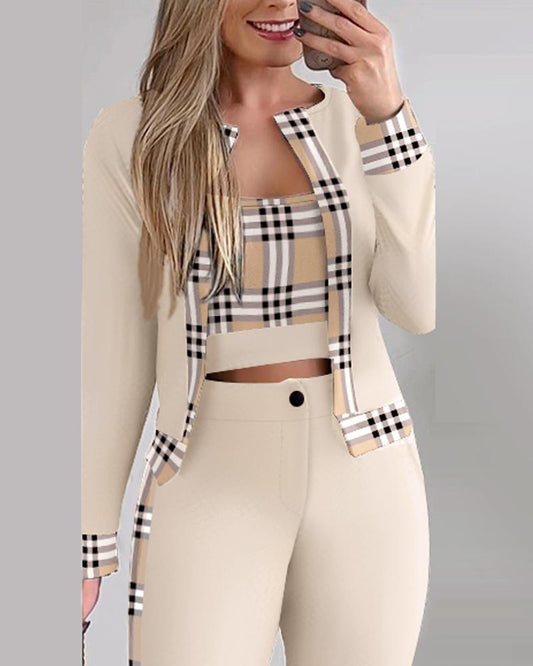 3PCS Plaid Print Crop Top & Pants Set With Coat