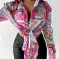 Scarf Print Tie Front Long Sleeve Shirt