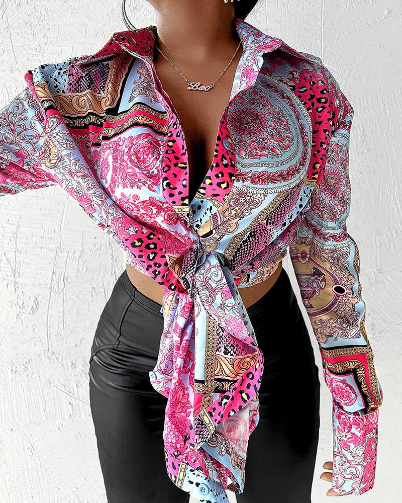 Scarf Print Tie Front Long Sleeve Shirt