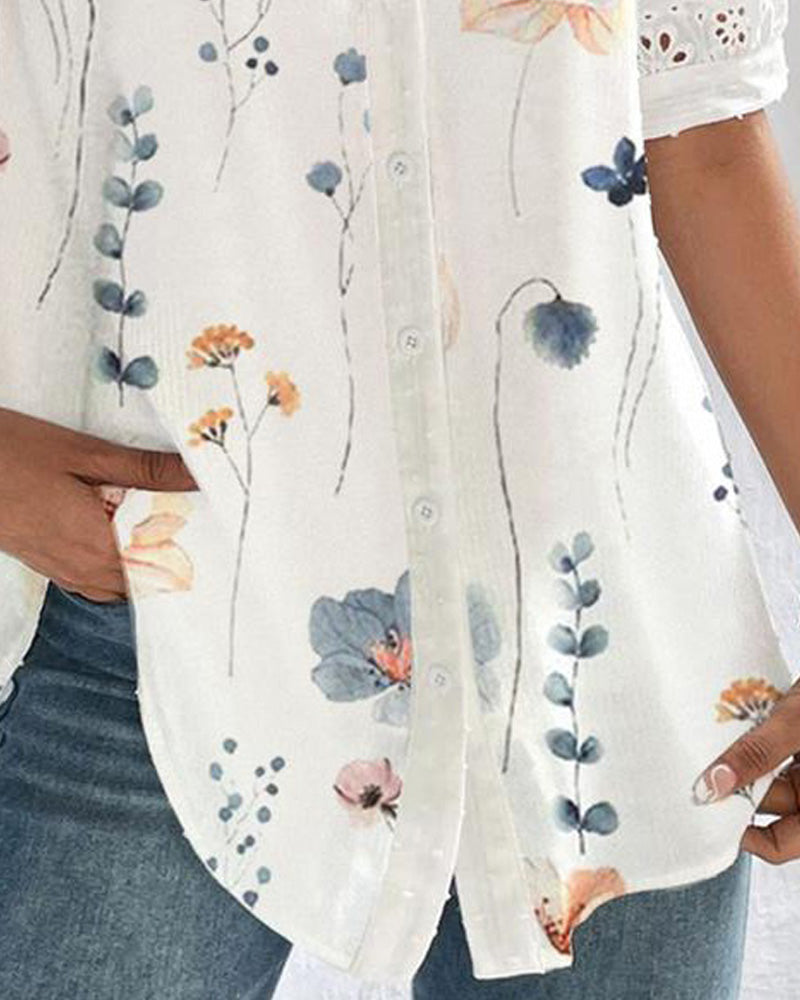 Floral Print Notch Neck Eyelet Embroidery Top