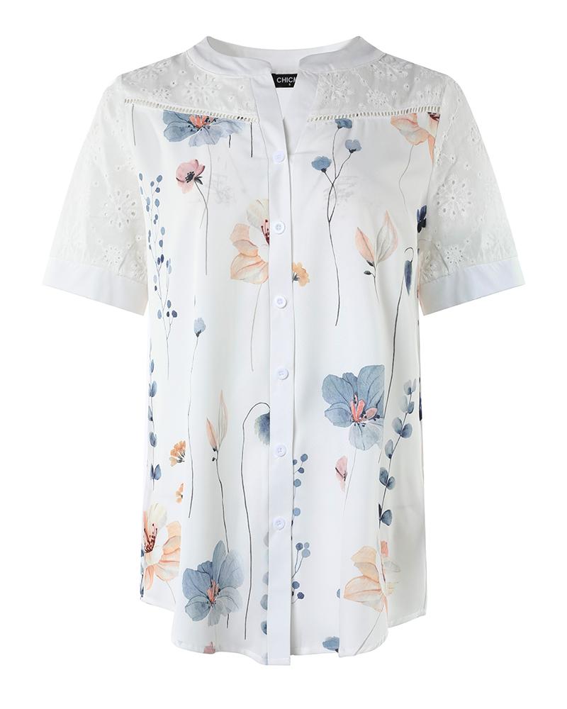 Floral Print Notch Neck Eyelet Embroidery Top