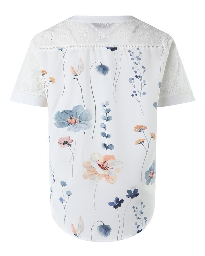 Floral Print Notch Neck Eyelet Embroidery Top