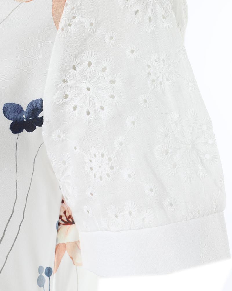 Floral Print Notch Neck Eyelet Embroidery Top